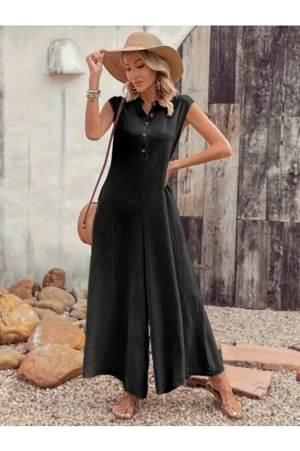 Kısa Kollu Düğmeli Paçaya Doğru Geniş Cepli Uzun Bürümcük Tulum