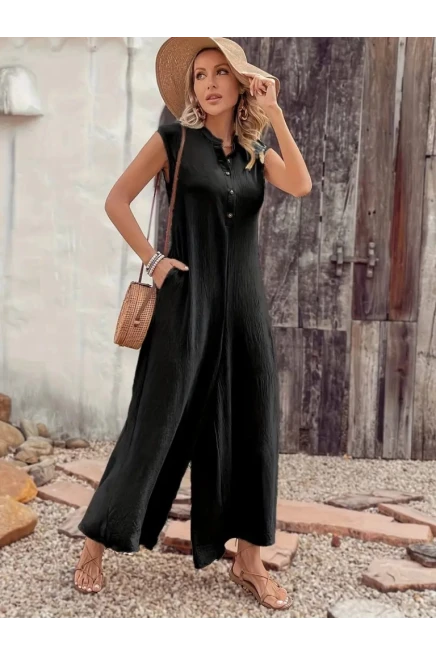 Kısa Kollu Düğmeli Paçaya Doğru Geniş Cepli Uzun Bürümcük Tulum