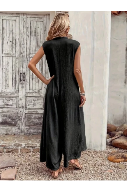 Kısa Kollu Düğmeli Paçaya Doğru Geniş Cepli Uzun Bürümcük Tulum