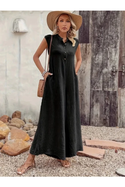 Kısa Kollu Düğmeli Paçaya Doğru Geniş Cepli Uzun Bürümcük Tulum