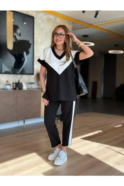 Kısa Kollu Bloklu Viskon İki İplik Bluz Ve Pantolon Takım
