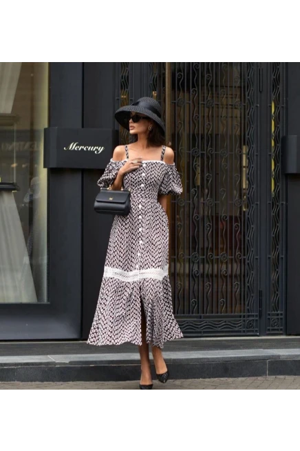 Karpuz Kol Dantel Detaylı Elbise İhtal Krep Kumaş