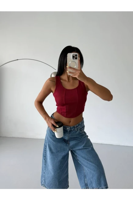 Kaşkorse Crop Bluz Bordo
