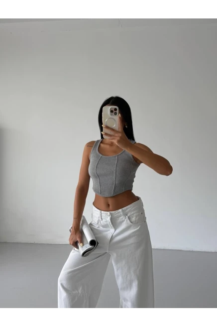 Kaşkorse Crop Bluz Gri