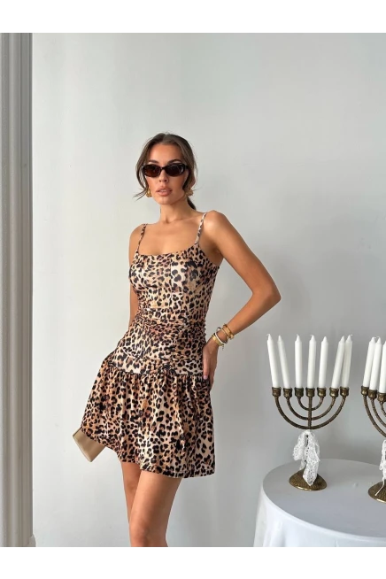 Mini Bel Detay Elbise Leopar