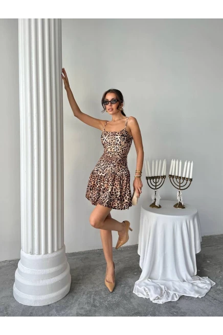 Mini Bel Detay Elbise Leopar