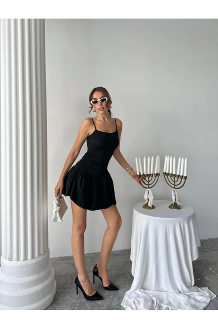Mini Bel Detay Elbise Siyah