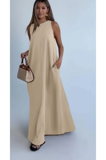 Modal Kumaş Cepli Elbise Bej