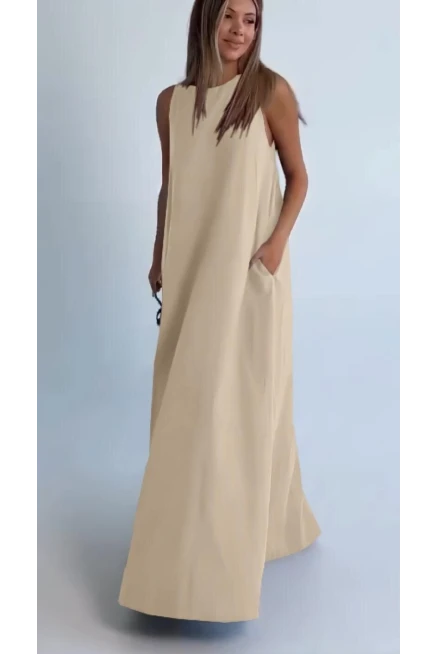 Modal Kumaş Cepli Elbise Bej