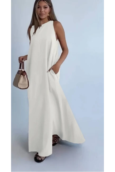 Modal Kumaş Cepli Elbise Beyaz