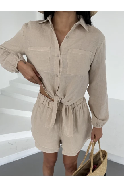 Müslin Kumaş Bluz ve Şort Takım Bej