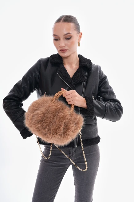 NWC-002 Pu Deri Saplı Camel Peluş Çanta