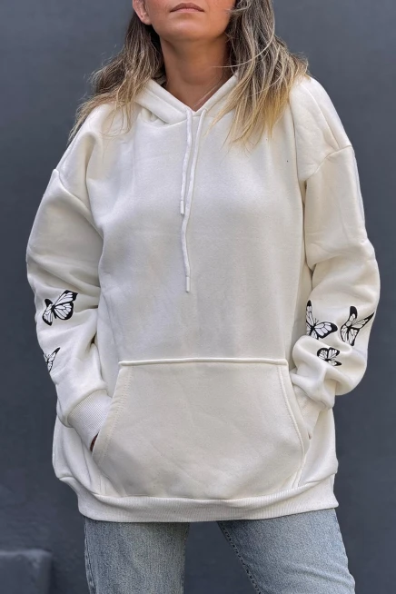 Sırt Baskılı Kapşonlu Sweatshirt Beyaz