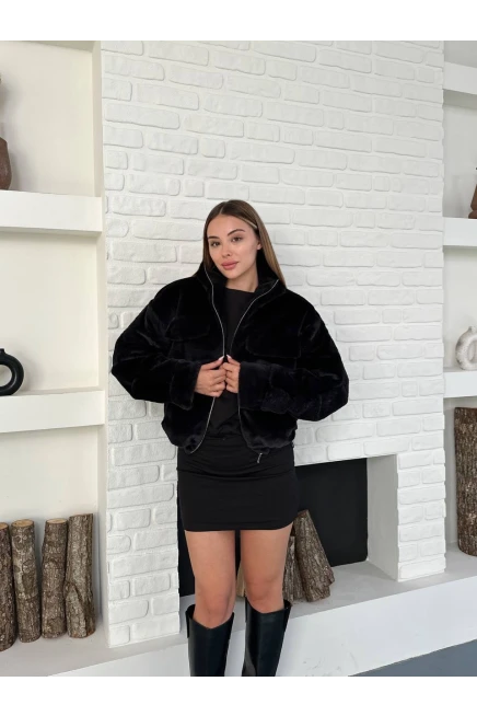 Siyah Peluş Fermuarlı Crop Mont