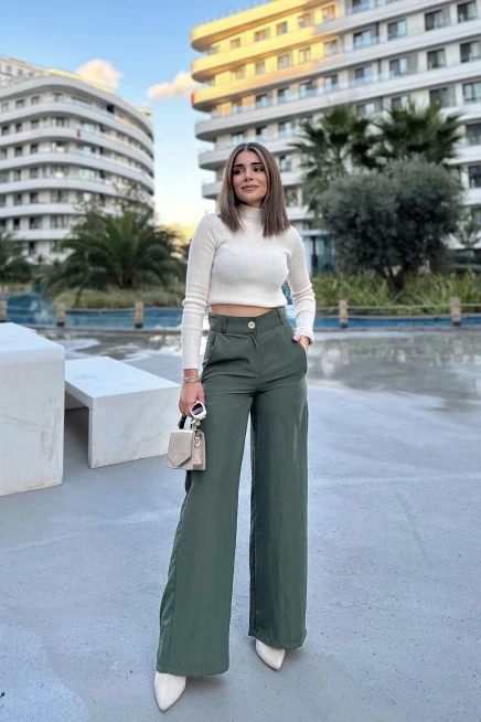 Yüksek Bel Cepli Bol Paça Pantalon
