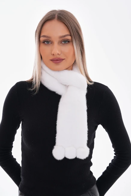 14696 Uçları Ponponlu İçten Geçmeli Peluş Beyaz Atkı