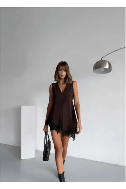 Asimetrik Kesim Dantel Detaylı Yelek