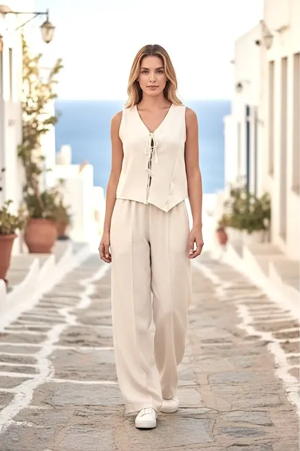 Askılı İp Bağlamalı Yanı Düğme Detaylı Keten Takım