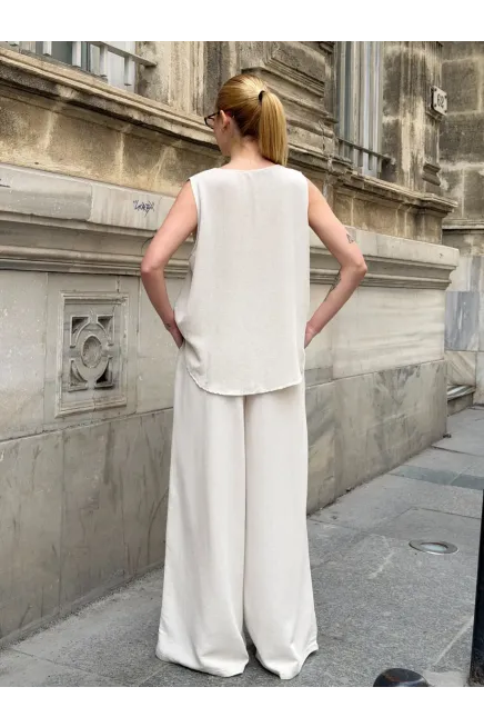 Askılı İp Bağlamalı Yanı Düğme Detaylı Keten Takım