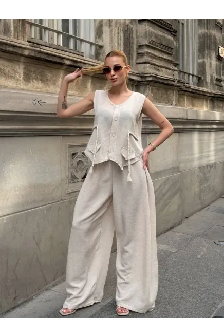 Askılı Yanları Halat Detaylı Gömlek Pantalon Keten Takım