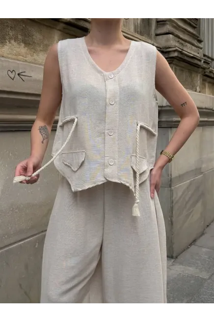 Askılı Yanları Halat Detaylı Gömlek Pantalon Keten Takım