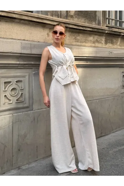 Askılı Yanları Halat Detaylı Gömlek Pantalon Keten Takım