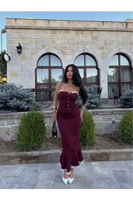 Atlas Kumaş Gloplu Güpür Detay Midi Boy Elbise Bordo