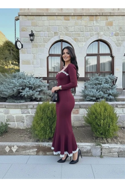 Atlas Kumaş Güpür Dantel Detay Midi Boy Elbise