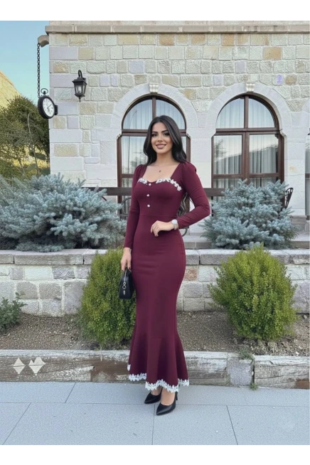 Atlas Kumaş Güpür Dantel Detay Midi Boy Elbise