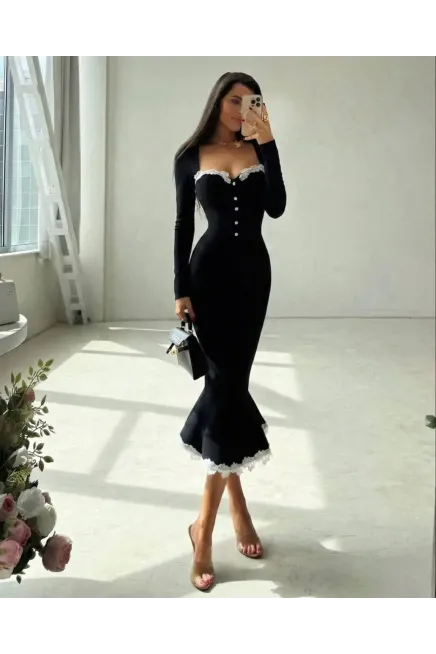 Atlas Kumaş Güpür Dantel Detay Midi Boy Elbise Siyah