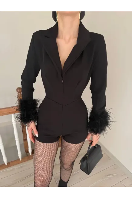 Atlas Kumaş Tüy Detaylı Mini Şort Tulum