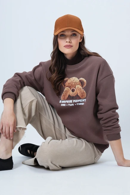 Ayıcık Baskılı Bisiklet Yaka Sweatshirt