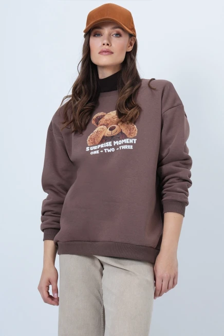Ayıcık Baskılı Bisiklet Yaka Sweatshirt