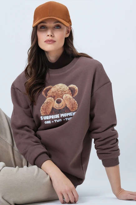 Ayıcık Baskılı Bisiklet Yaka Sweatshirt