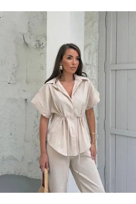 Bel Büzgü Detaylı Kısa Kol Üst ve Pantalon Takım Krem