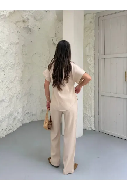 Bel Büzgü Detaylı Kısa Kol Üst ve Pantalon Takım Krem