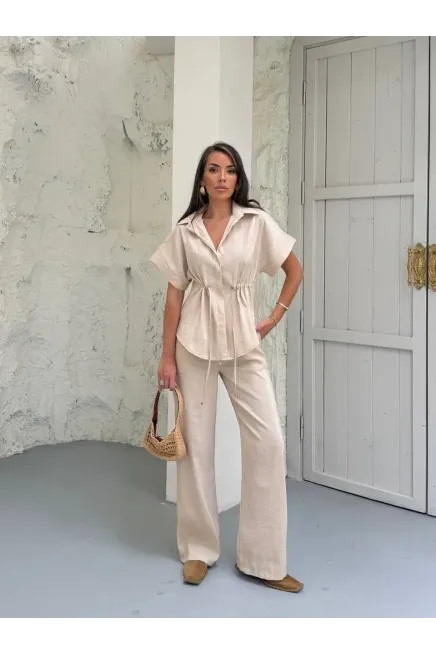 Bel Büzgü Detaylı Kısa Kol Üst ve Pantalon Takım Krem