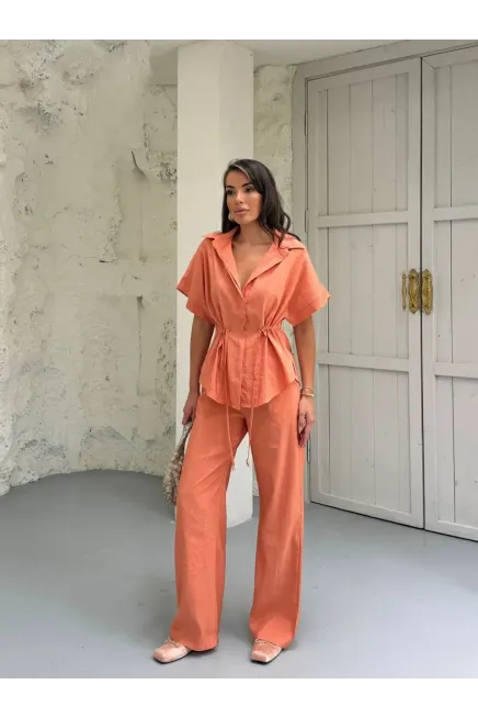 Bel Büzgü Detaylı Kısa Kol Üst ve Pantalon Takım Turuncu