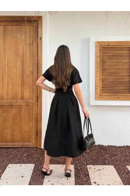 Bel Kemer Detaylı Kısa Kol Elbise