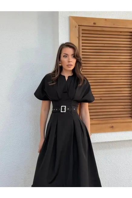 Bel Kemer Detaylı Kısa Kol Elbise