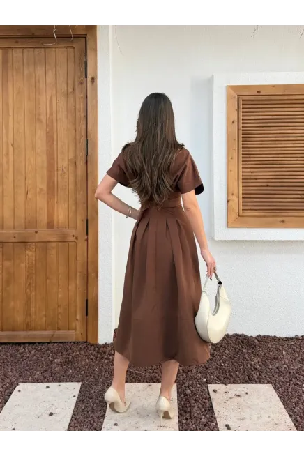 Bel Kemer Detaylı Kısa Kol Elbise Kahve