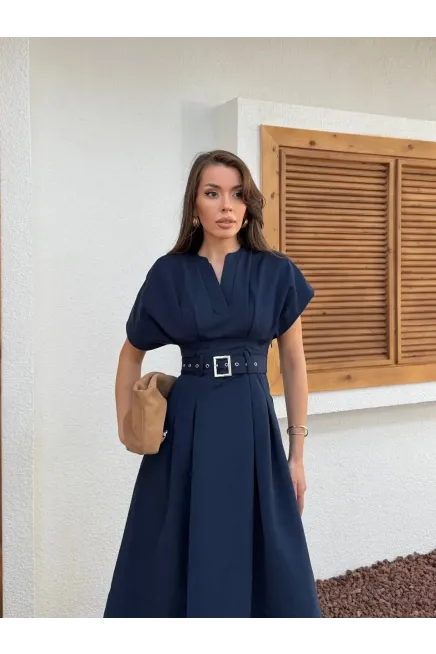 Bel Kemer Detaylı Kısa Kol Elbise Lacivert