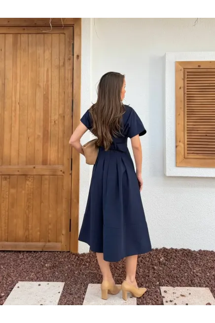 Bel Kemer Detaylı Kısa Kol Elbise Lacivert