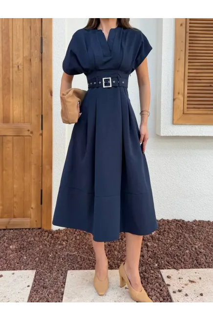Bel Kemer Detaylı Kısa Kol Elbise Lacivert