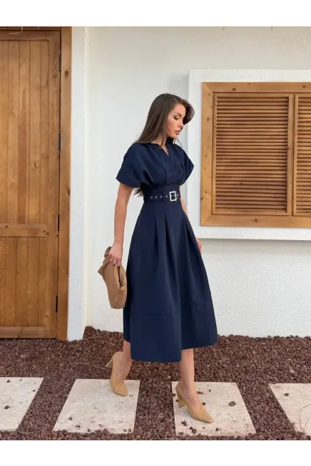 Bel Kemer Detaylı Kısa Kol Elbise Lacivert