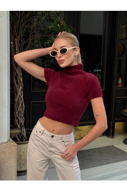 Bordo Sakallı Kumaş Crop Bluz