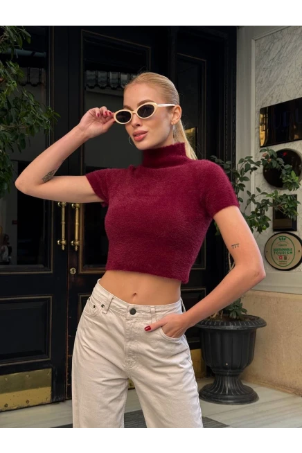 Bordo Sakallı Kumaş Crop Bluz