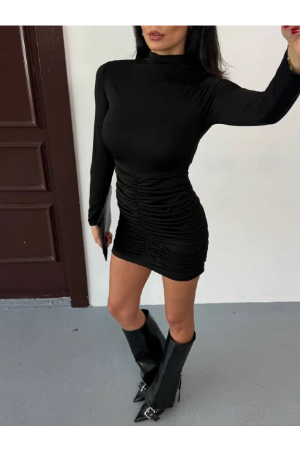 Büzgü Detay Sandy Kumaş Mini Elbise