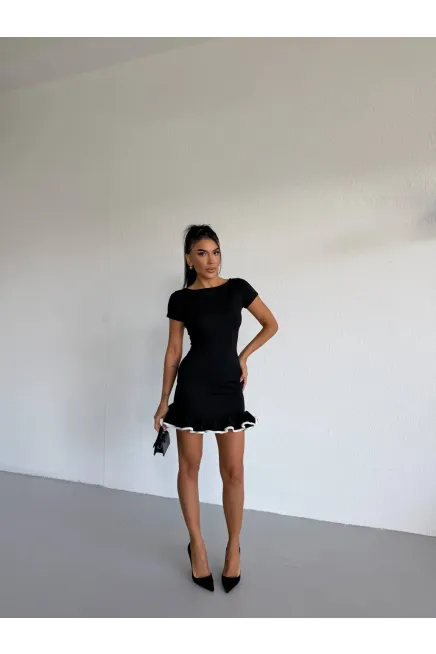 Dalgıç Kumaş Biyeli Kısa Kol Mini Elbise Siyah