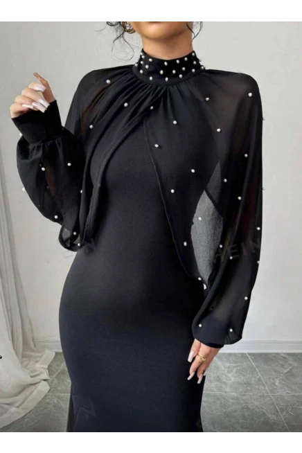 Dalgıç Kumaş Likralı İnci Çakımlı Bolerolu Elbise